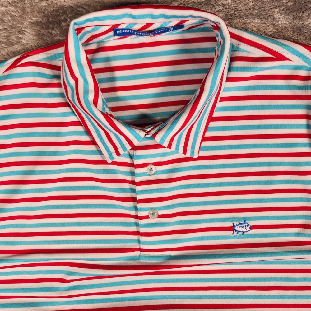 Southern Tide T3 Tide to Trail Polo Shirt Mens Large Red Teal Stripe Golf - Picture 3 of 11